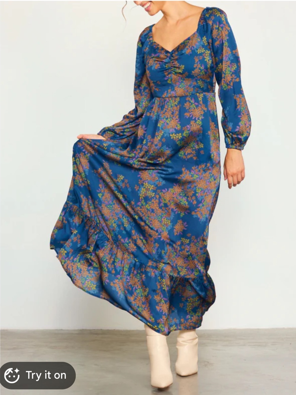 Vintage Inspired Twee Floral Teal Blue Brown Maxi Dress